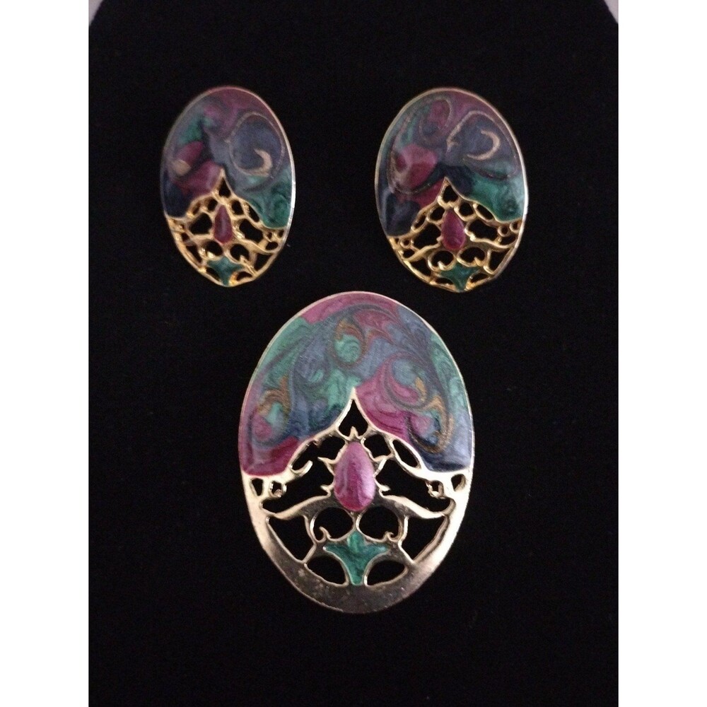 Vintage 80s Colorful Enamel Gold Oval Brooch/Pin & Earrings Set